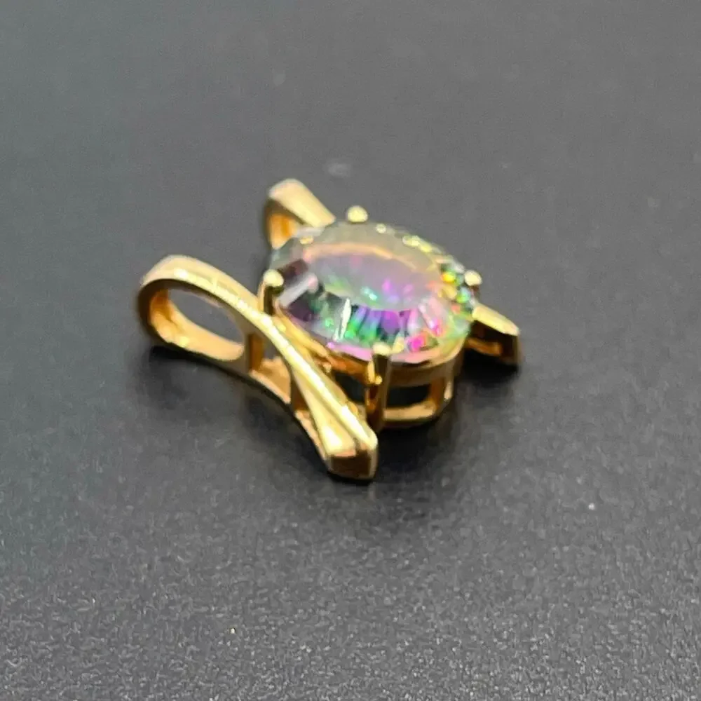 Yellow Gold 14k, 5 Ct Mystic Rainbow Topaz Glowing Gemstone Pendant Slider 3.7gr